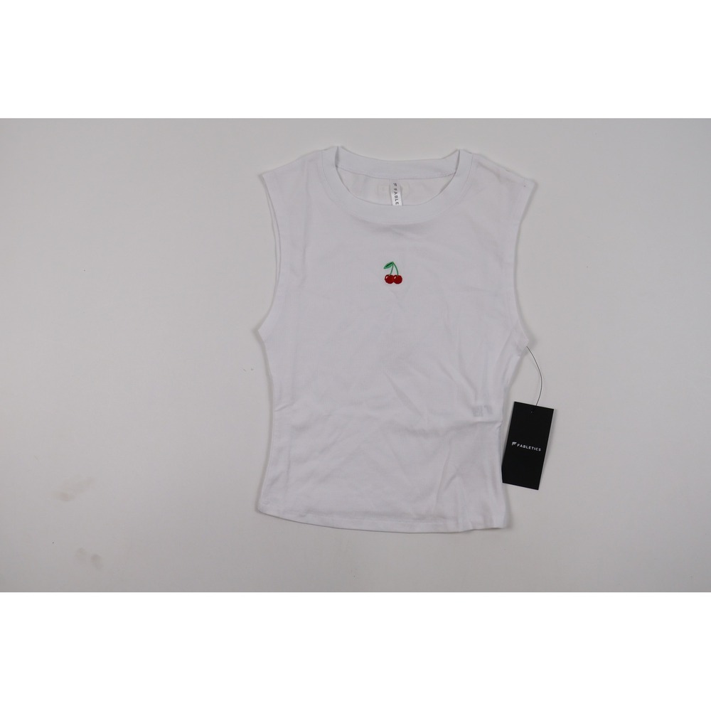 Fabletics Muscle Tank Top White Cherry Embroidered XS NWT